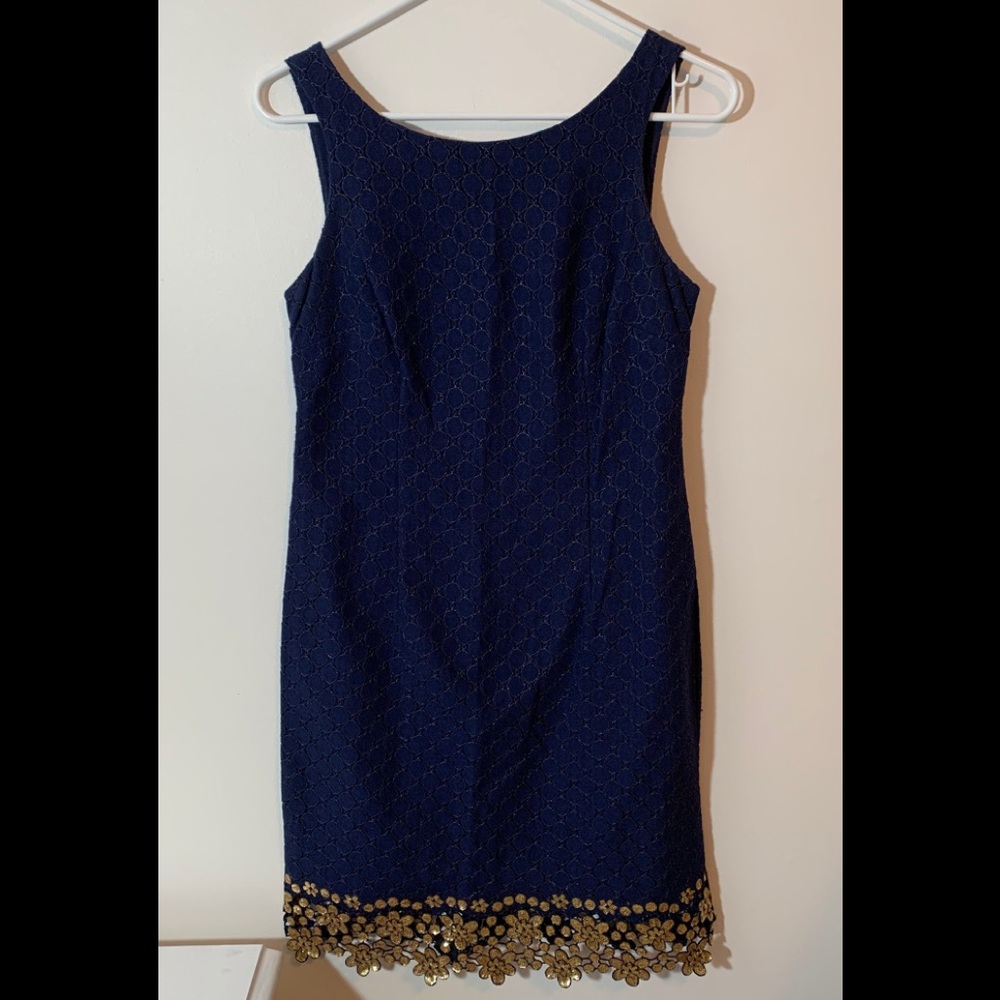Lilly Pulitzer Navy Sheath Dress w/ gold appliqué